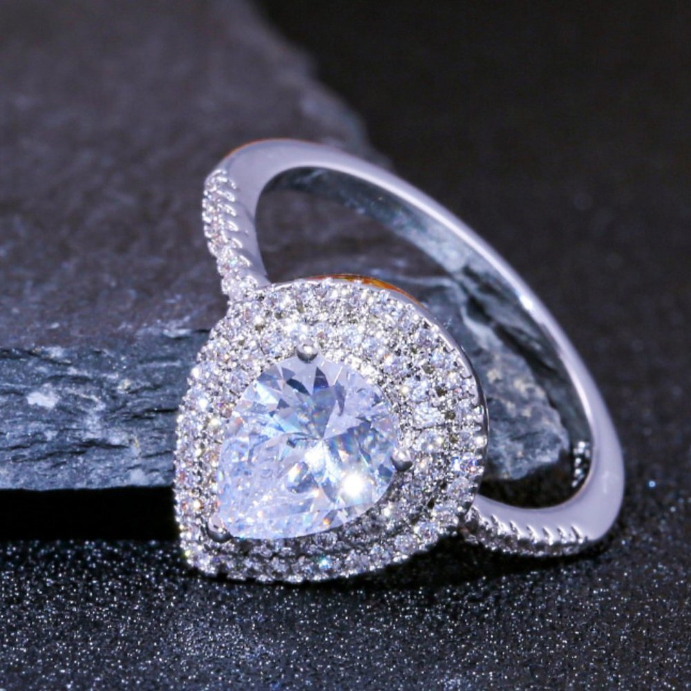 💎 Wedding Large Pear Double Layer Water Drop Silver Ring for Women, VIP505